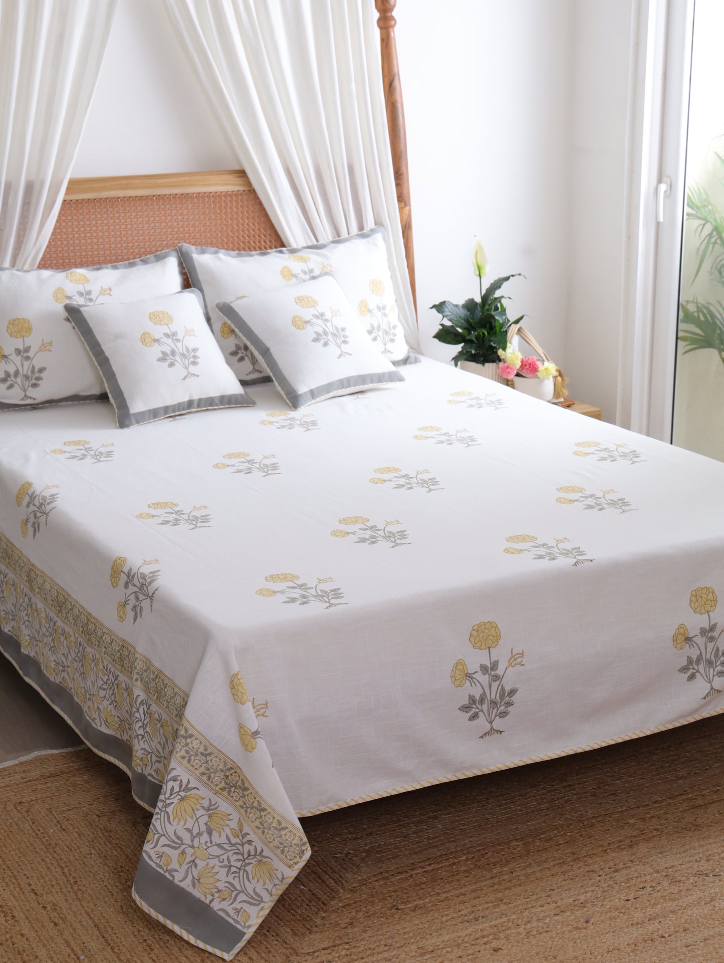 Yellow Blossom Cotton Linen Bedcover