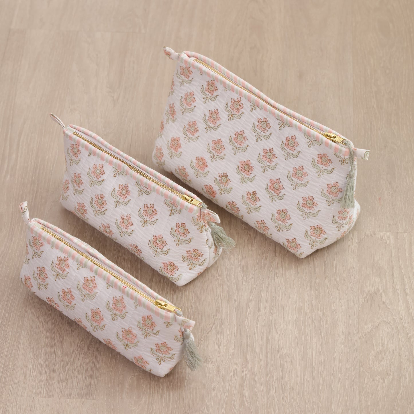 Floral Handblock Print Travel Pouch Set of 3