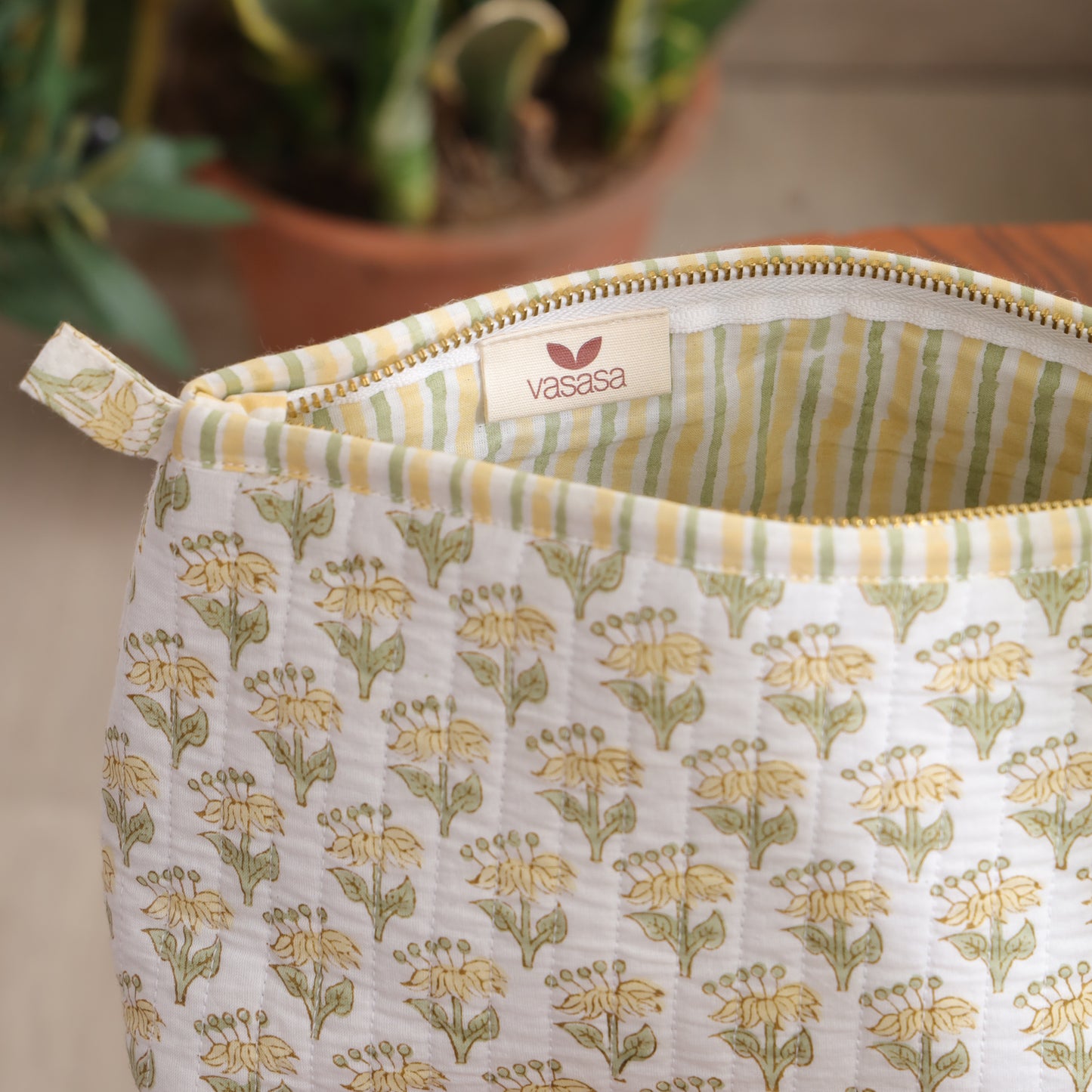 Yellow Flower Handblock Print Travel Pouch Set of 3
