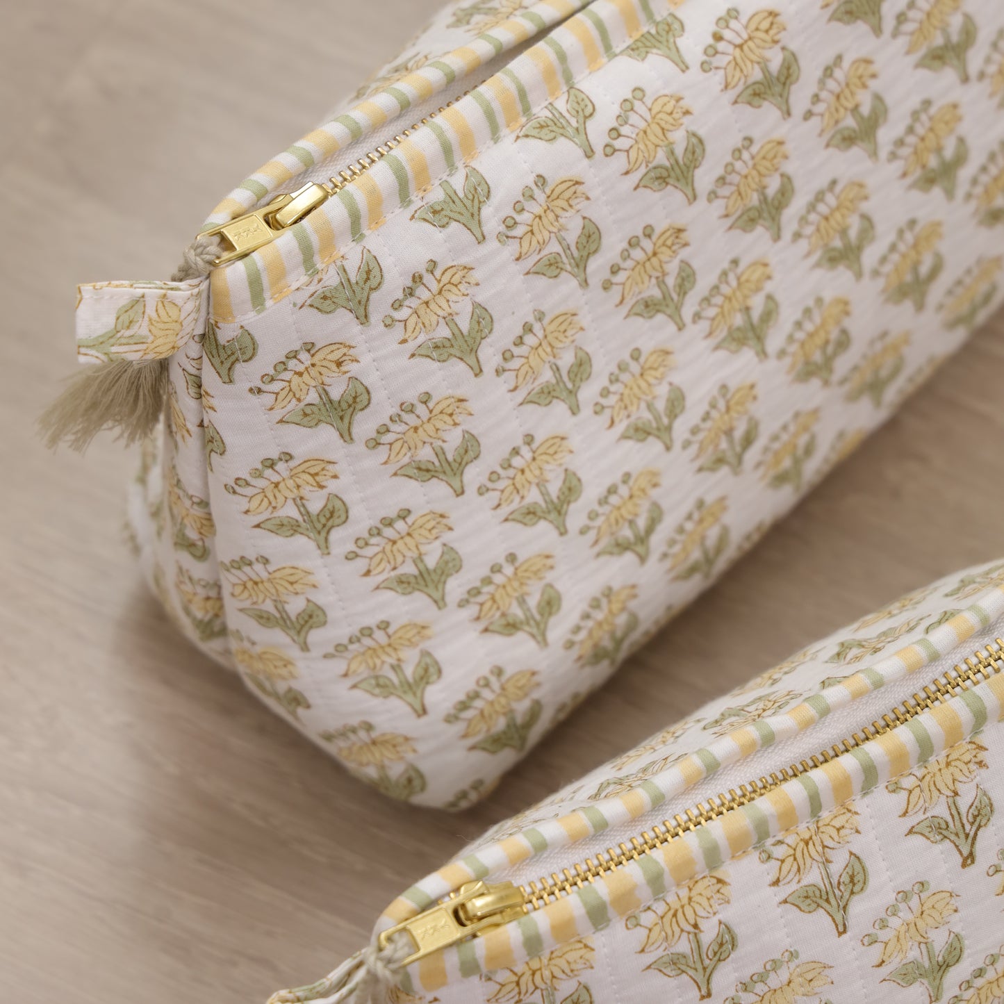 Yellow Flower Handblock Print Travel Pouch Set of 3