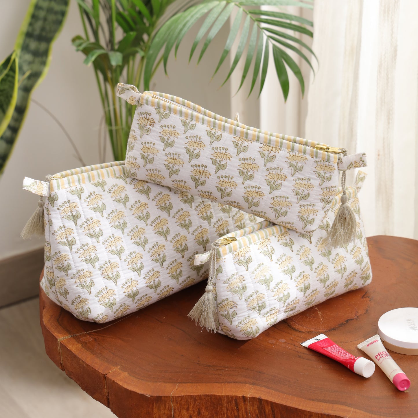 Yellow Flower Handblock Print Travel Pouch Set of 3