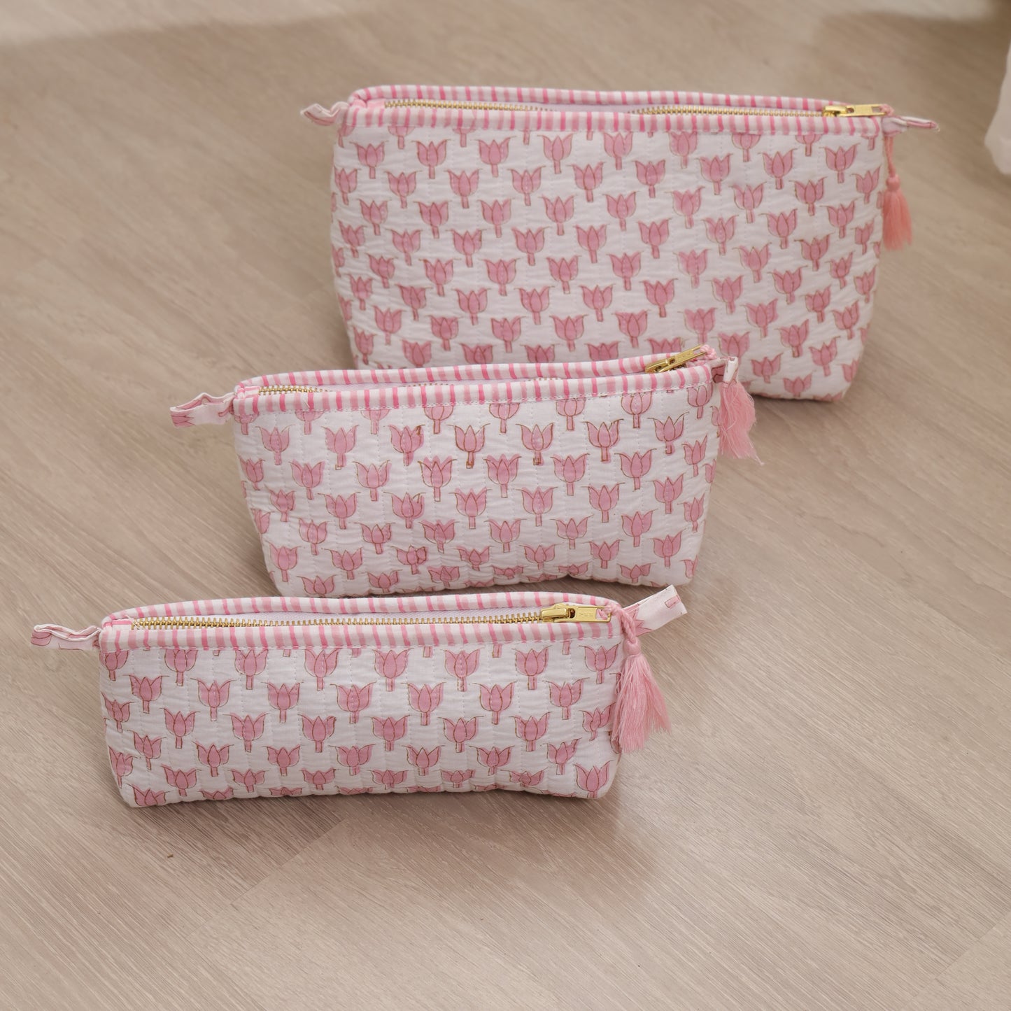 Lotus Handblock Print Travel Pouch Set of 3