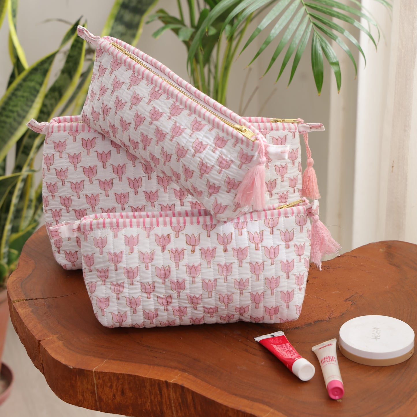 Lotus Handblock Print Travel Pouch Set of 3
